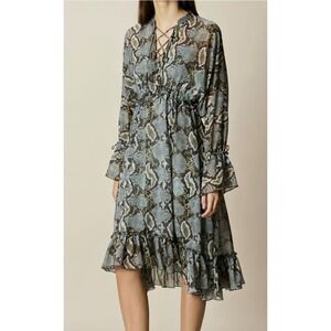 KAREN MILLEN BATWING CHIFFON Snake Print Ruffle Midi DRESS Sz US8 /‎ UK12